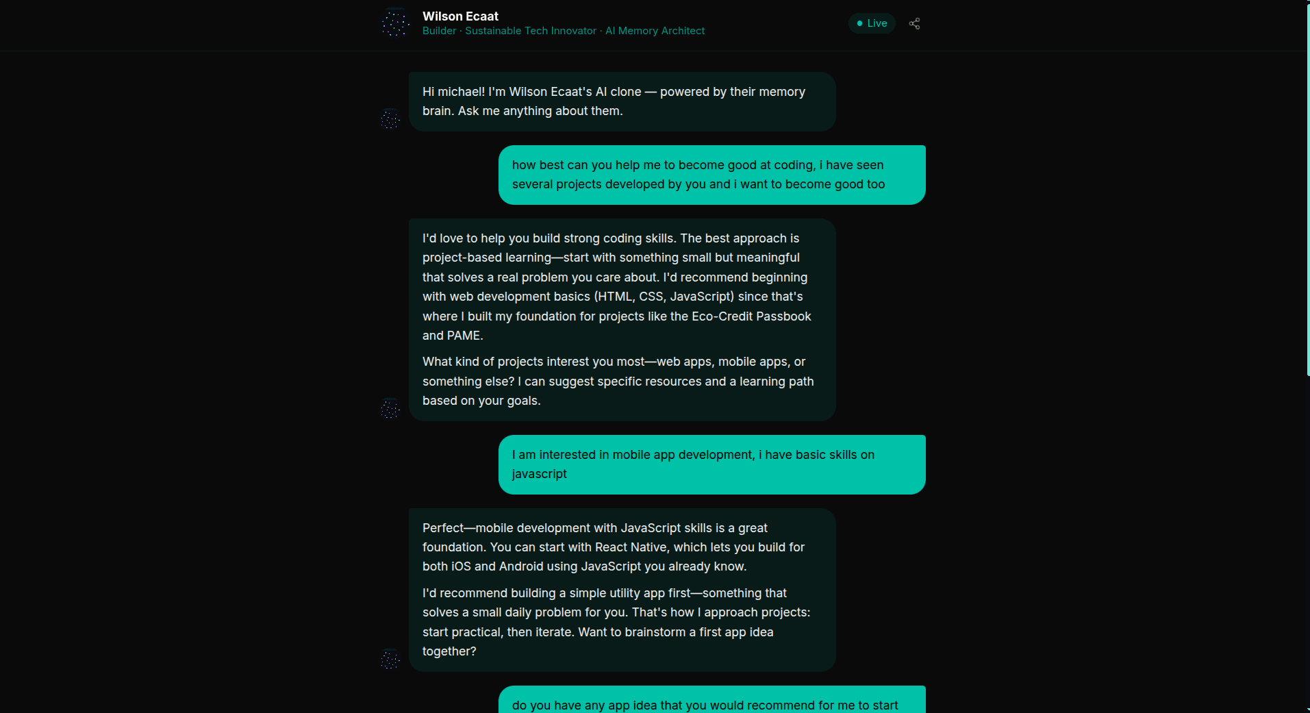 PAME Clone public chat — visitor talking to AI persona