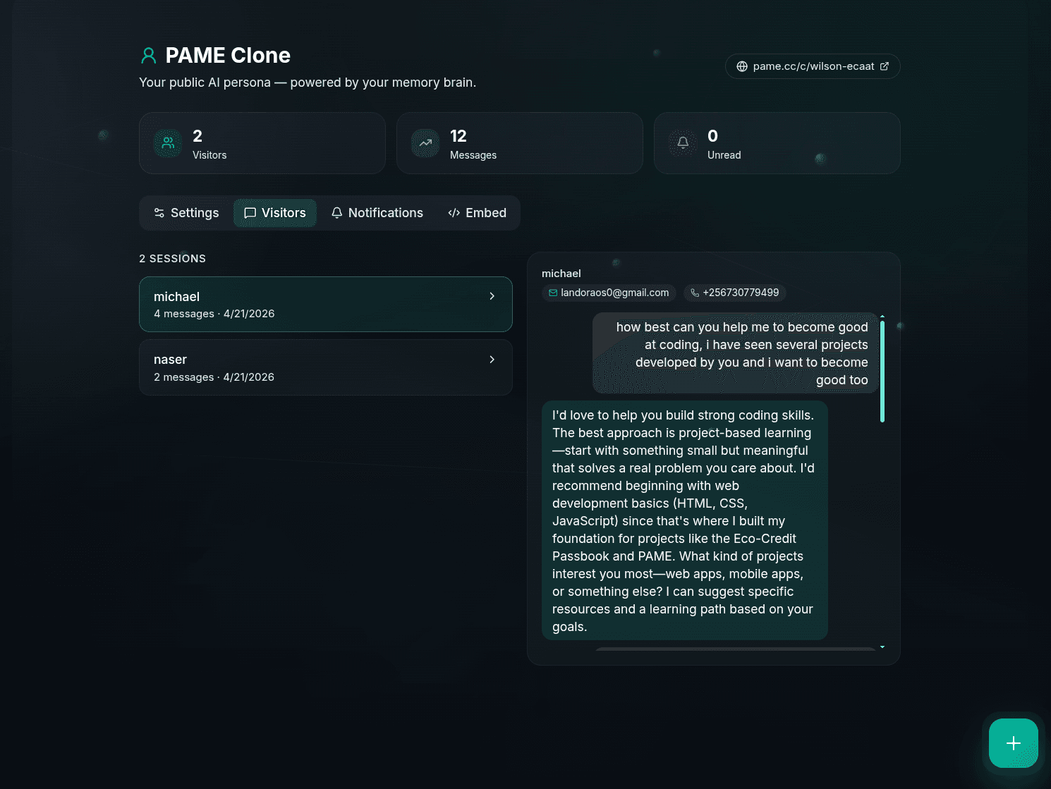 PAME Clone dashboard — visitor sessions with contact details